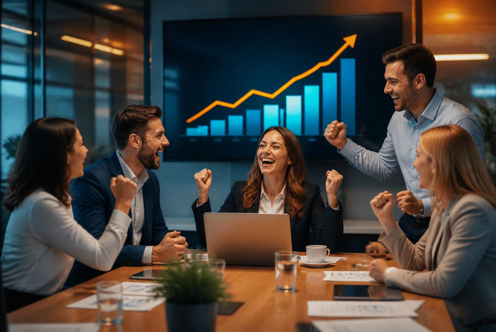 Business team celebrating lead generation growth from digital marketing campaigns