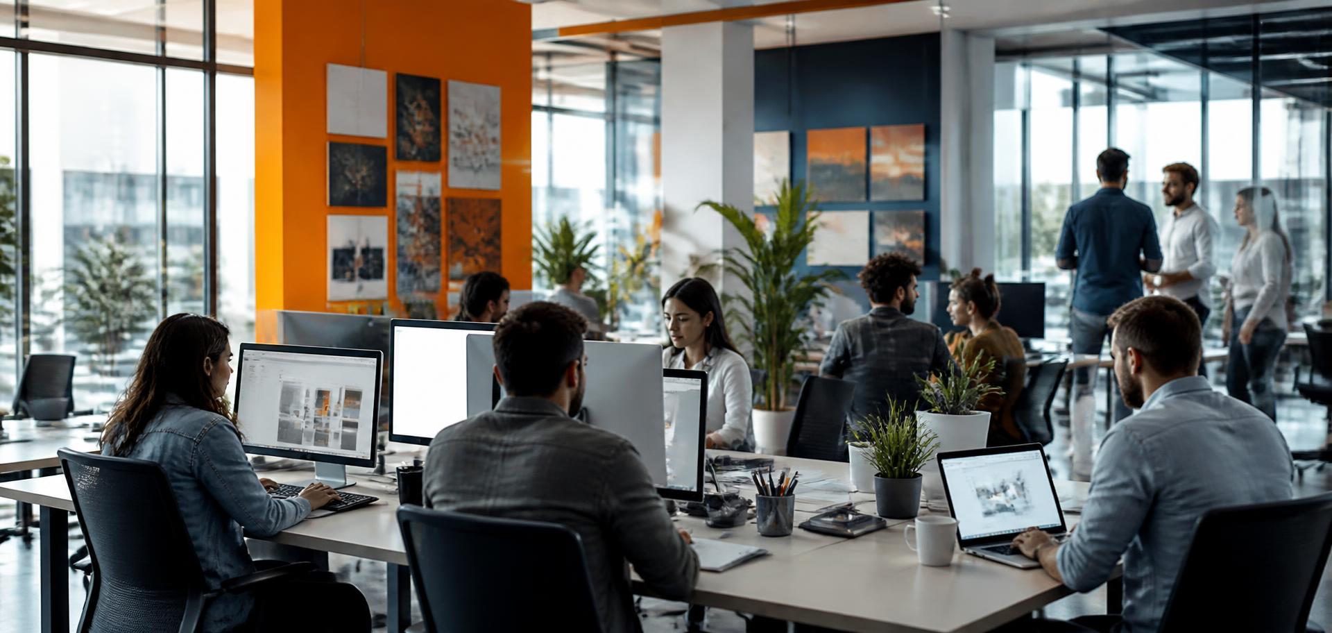 Modern digital marketing agency office with strategists working on client campaigns