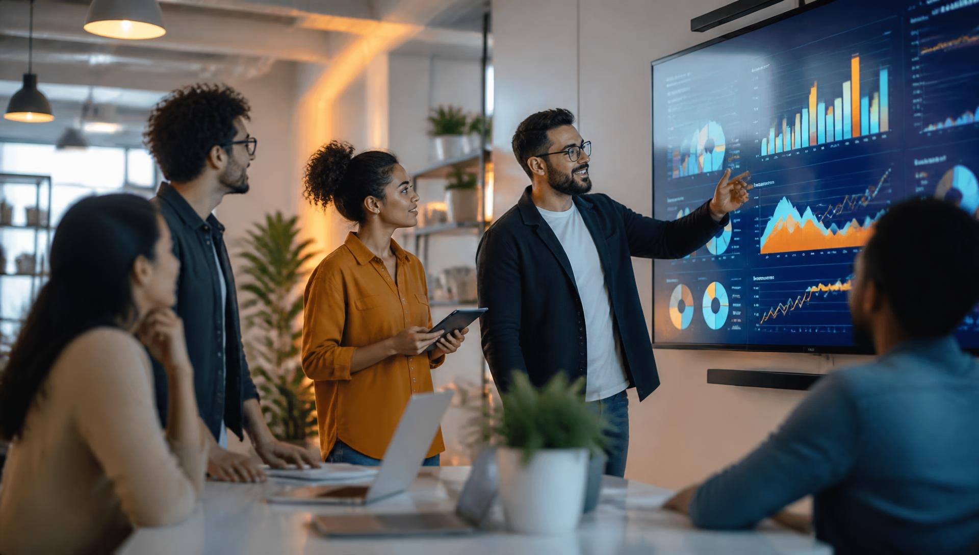 Digital marketing team reviewing campaign performance analytics on a large screen
